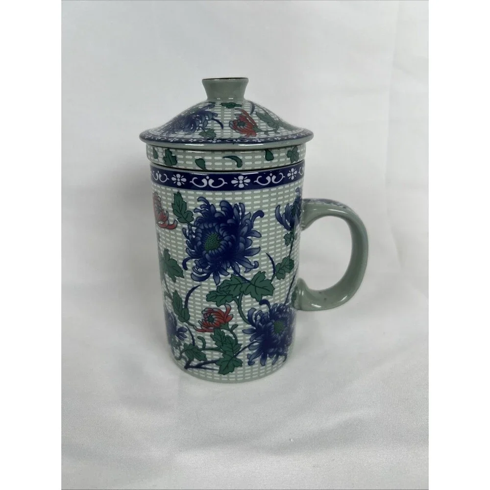 Chinese Porcelain Tea Mug With Lid & Infuser Floral Blue Green Tea Cup Tumbler